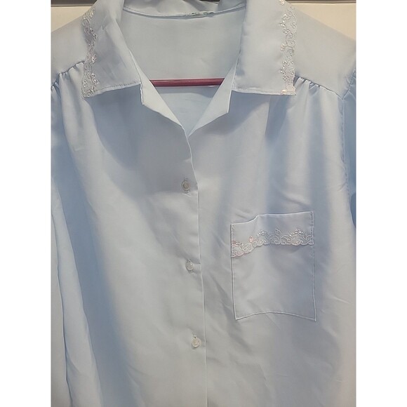 Vtg 80s Secretary Blouse Blue Office Sheer Floral Collar Pocket Sz XL - Picture 2 of 13